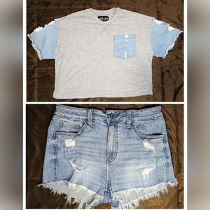 Love Juniors Womens Short Sleeve Top Denim Sleeves Short T-Shirt